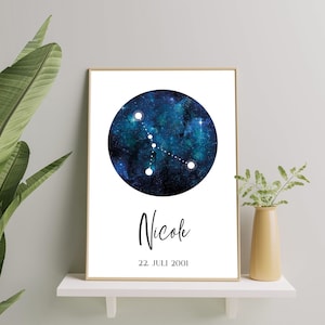 Personalisierte Sternenkarte mit Sternzeichen | Wasserfarbe | Sternzeichen Poster | Geschenk Taufe | A5 - A3