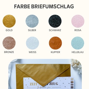 Puede incluir: Imagen que muestra un sobre dorado con un vale de regalo. Arriba, una carta de colores muestra ocho muestras circulares etiquetadas: oro, plata, negro, rosa, bronce, blanco, cobre y azul claro. El texto "FARBE BRIEUMSCHLAG" est&aacute; en la parte superior.
