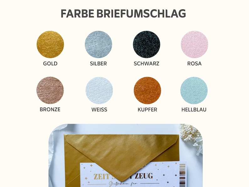 Puede incluir: Imagen que muestra un sobre dorado con un vale de regalo. Arriba, una carta de colores muestra ocho muestras circulares etiquetadas: oro, plata, negro, rosa, bronce, blanco, cobre y azul claro. El texto "FARBE BRIEUMSCHLAG" est&aacute; en la parte superior.