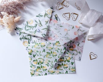Transparante enveloppen met citrusmotief in A6-formaat • Handgemaakte enveloppen • Trouwenveloppen, bedrukte enveloppen