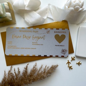 Bon de voyage voyage commence papier nacre argenté personnalisé | Carte à gratter | Cadeau pour les amoureux du voyage | Surprise | carte d'embarquement