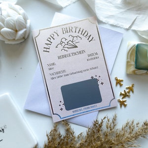 Bon de voyage Billet Joyeux Anniversaire Personnalisable OR ROSE NACRE avec enveloppe | carte à gratter | Cadeau Amoureux du Voyage | carte d'embarquement