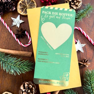 Bon de voyage carte d'embarquement personnalisable NOËL VERT PAILLETTES | Carte à gratter | Cadeau pour les amoureux du voyage | Surprise | carte d'embarquement