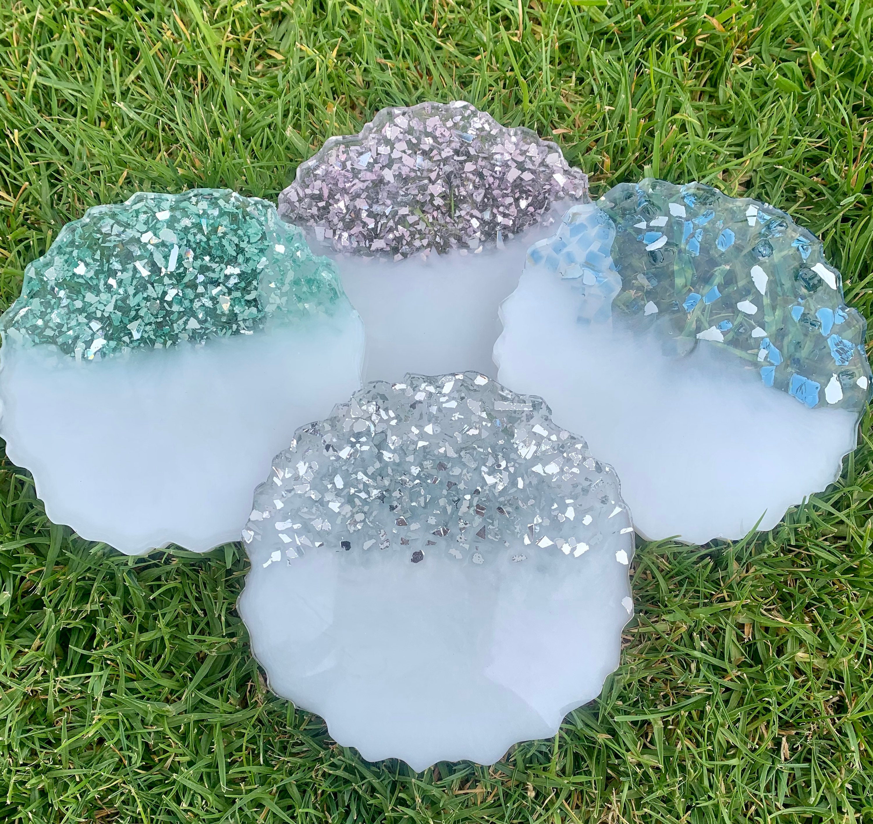 Large Custom Crushed Glass Resin Coaster Set Geode Agate Etsy