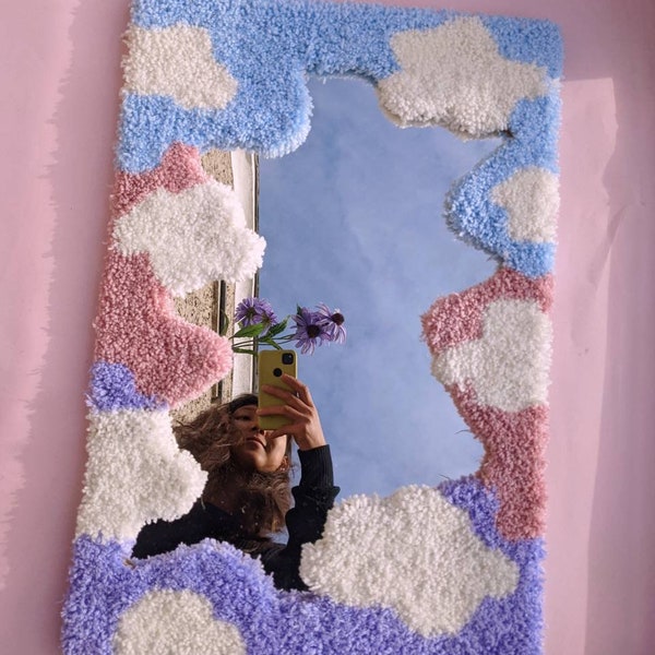 PREORDER Tufted Mirror Handmade Rug Purple Sunset Carpet Tufting Retro Scandinavian Grafic Design Gun Custom pastel blue , purple ,creme