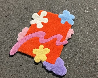 Handmade Rug Carpet Tuftinggun Cutpile Colourful Lilac Orange Flower Power Rug Retro