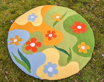 PREORDER Handmade Tufting Gun Tufted Carpet Rund Contemporary Art Custom Rug Pastel Colours Orange Green Flower Garden