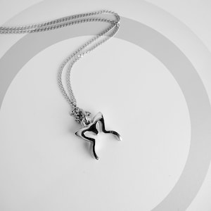 May include: A silver chain necklace with a silver butterfly pendant.