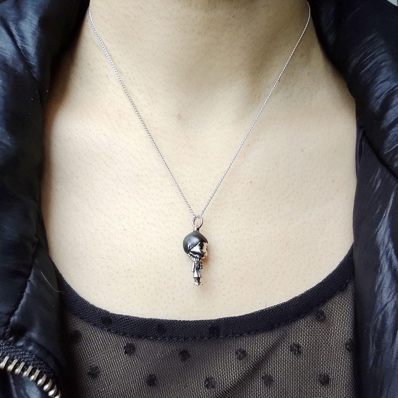 Wednesday Necklace Tim Burton Style/ Wednesday Addams Doll Gothic Gift for her/ Handmade Halloween Necklace/ Silver Kawaii Polly Charm Fun image 7