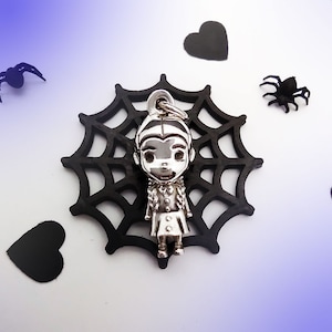 Wednesday Necklace Tim Burton Style/ Wednesday Addams Doll Gothic Gift for her/ Handmade Halloween Necklace/ Silver Kawaii Polly Charm Fun