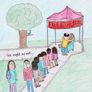 Gratis wortelkanaalbehandeling?! - Handgetekende premium kwaliteit Doodle Art Print of wenskaart