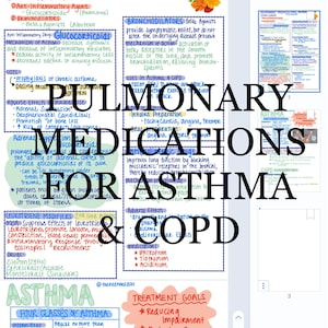 Può includere: Un grafico scritto a mano colorato con il titolo "Farmaci polmonari per l'asma e la BPCO". Il grafico elenca i diversi tipi di farmaci utilizzati per trattare l'asma e la BPCO, inclusi i loro meccanismi d'azione, usi, effetti avversi e obiettivi di trattamento.