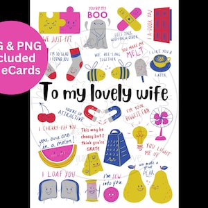 Pu&ograve; includere: Un biglietto colorato con illustrazioni e testo che dice "To my lovely wife". Il biglietto presenta una variet&agrave; di giochi di parole e illustrazioni carine, tra cui un fantasma, un'ape, un'anguria, una calamita, una ciliegia, una pagnotta di pane, una pera e un ago da cucire.