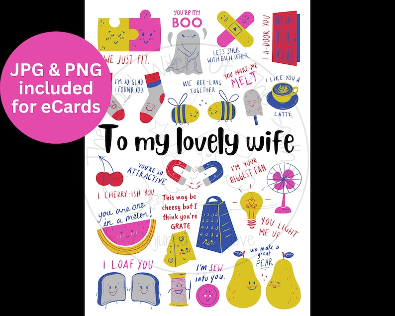 Pu&ograve; includere: Un biglietto colorato con illustrazioni e testo che dice "To my lovely wife". Il biglietto presenta una variet&agrave; di giochi di parole e illustrazioni carine, tra cui un fantasma, un'ape, un'anguria, una calamita, una ciliegia, una pagnotta di pane, una pera e un ago da cucire.