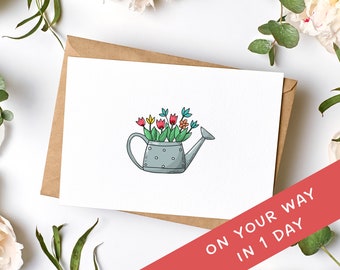 Watering Can Card Flower Greeting Card Flowers Birthday Card For Gardeners Watering Can Birthday Card Blank Greeting Card Floral Card Garden