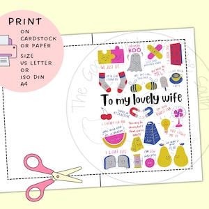 Pu&ograve; includere: Un biglietto stampabile con un'illustrazione colorata di vari giochi di parole e detti sull'amore. Il biglietto &egrave; intitolato "To my lovely wife" e presenta una variet&agrave; di illustrazioni, tra cui un fantasma, un'ape, una calamita, una ciliegia, un'anguria, una pagnotta di pane, un ago da cucire e una pera. Il biglietto &egrave; progettato per essere stampato su cartoncino o carta in formato US Letter o ISO DIN A4.
