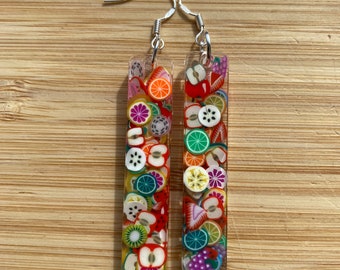 Handmade Resin Earrings With Fruit Salad Slices and Sterling Silver Ear Hooks