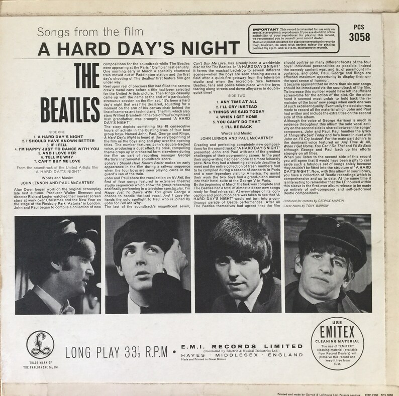 May include: The Beatles' "A Hard Day's Night" album cover features a black and white photo of the band members. The album title is printed in large, bold letters. The back of the album features a description of the album and the songs included.