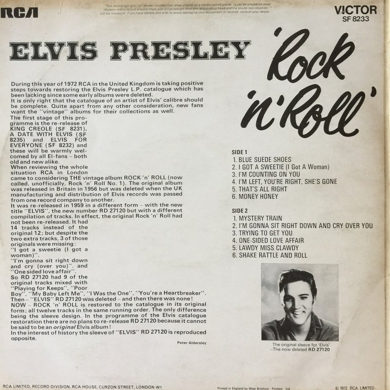 May include: Vintage Elvis Presley "Rock 'n' Roll" album cover. The cover features the album title in a stylized script, track listings, and a black and white photo of Elvis. The RCA Victor logo is visible.