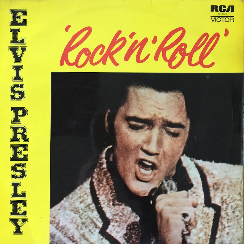 May include: Album cover for Elvis Presley's 'Rock 'n' Roll'. The cover is yellow with the title in red script. The image features a black and white photo of Elvis singing into a microphone.