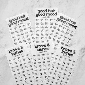 May include: Five sheets of stickers with black and white illustrations of hair styling tools and eyelashes. The sheets are labeled "good hair good mood" and "brows & lashes" with the price per sheet listed.