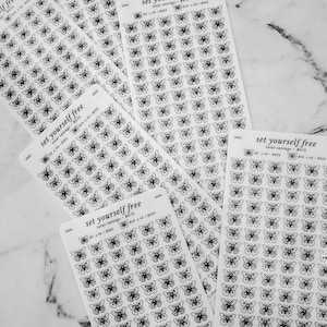 May include: Four sheets of clear sticker paper with black butterfly designs. Each sheet has the text "set yourself free" and "total savings - $6.75".
