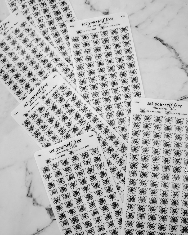 May include: Four sheets of clear sticker paper with black butterfly designs. Each sheet has the text "set yourself free" and "total savings - $6.75".