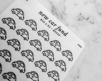 May include: A white sheet of paper with black car stickers and the text "new car fund $50 x 65 = $3250".