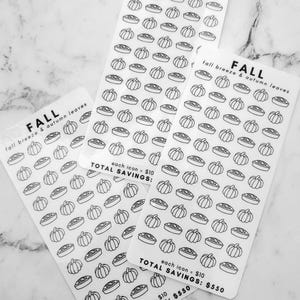May include: Three sheets of stickers with black and white illustrations of pumpkins and pie. Each sheet has the text "FALL fall breeze & autumn leaves" and "each icon = $10" and "TOTAL SAVINGS: $550".