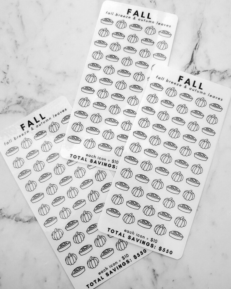 May include: Three sheets of stickers with black and white illustrations of pumpkins and pie. Each sheet has the text "FALL fall breeze & autumn leaves" and "each icon = $10" and "TOTAL SAVINGS: $550".