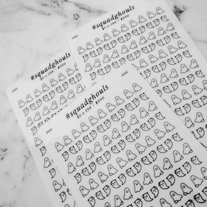 May include: Two sheets of white sticker paper with black outlines of ghosts with different facial expressions. The text "#squadghouls" is printed on each sheet, along with the price "$5 x 198 - $990".