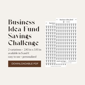 Op de afbeelding: Een downloadbare PDF getiteld "Business Idea Fund Savings Challenge" met twee varianten. Het ontwerp bevat een spaartracker met gloeilampillustraties en de tekst "total savings". De afmetingen zijn 7,2 cm x 15,1 cm.