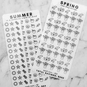 May include: Two sheets of clear stickers with black outlines of various icons. The top sheet has a title "SPRING new beginnings" and features 36 icons of birds, flowers, and teapots. The bottom sheet has a title "SUMMER in a sunshine state of mind" and features 36 icons of suns, pineapples, seashells, and popsicles. The text "each icon = $10 TOTAL SAVINGS: $500" is on the top sheet and the text "each icon = $1 TOTAL SAVINGS: $84" is on the bottom sheet.