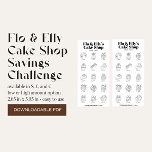 May include: A downloadable PDF titled "Flo & Elly Cake Shop Savings Challenge." The design features the text "Flo & Elly Cake Shop Savings Challenge" and includes two columns of illustrated cakes. The document measures 7.24 x 15.11 cm.