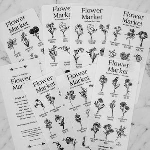 May include: A set of eight cards with black and white illustrations of flowers. Each card lists the flower name, price, and the months the flower is available. The cards are labelled "Flower Market" and list the total revenue for each month.