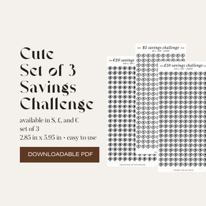 May include: A set of three printable savings challenge sheets in black and white. Each sheet features a grid of circles with the text "$5 savings challenge", "$10 savings challenge", and "$20 savings challenge". The sheets are 2.85 inches by 5.95 inches and are easy to use.