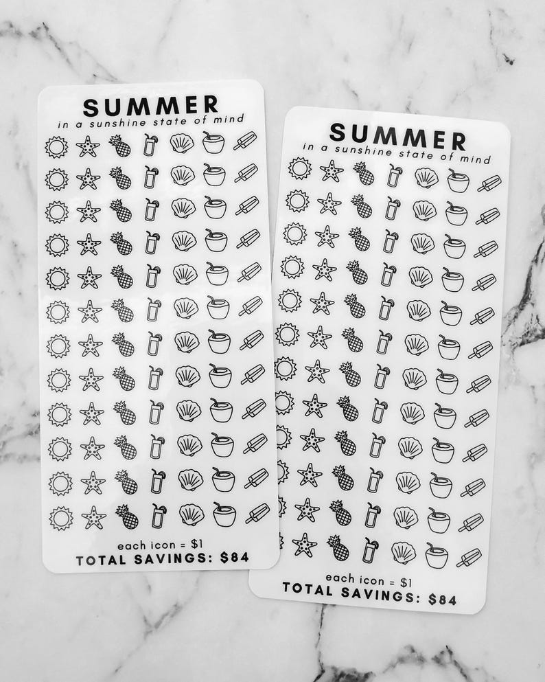 May include: Two sheets of clear stickers with black outlines of summer icons. The icons include a sun, a starfish, a pineapple, a glass of juice, a seashell, a coconut, and a popsicle. The text on the sheets reads "SUMMER in a sunshine state of mind" and "each icon = $1 TOTAL SAVINGS: $84".