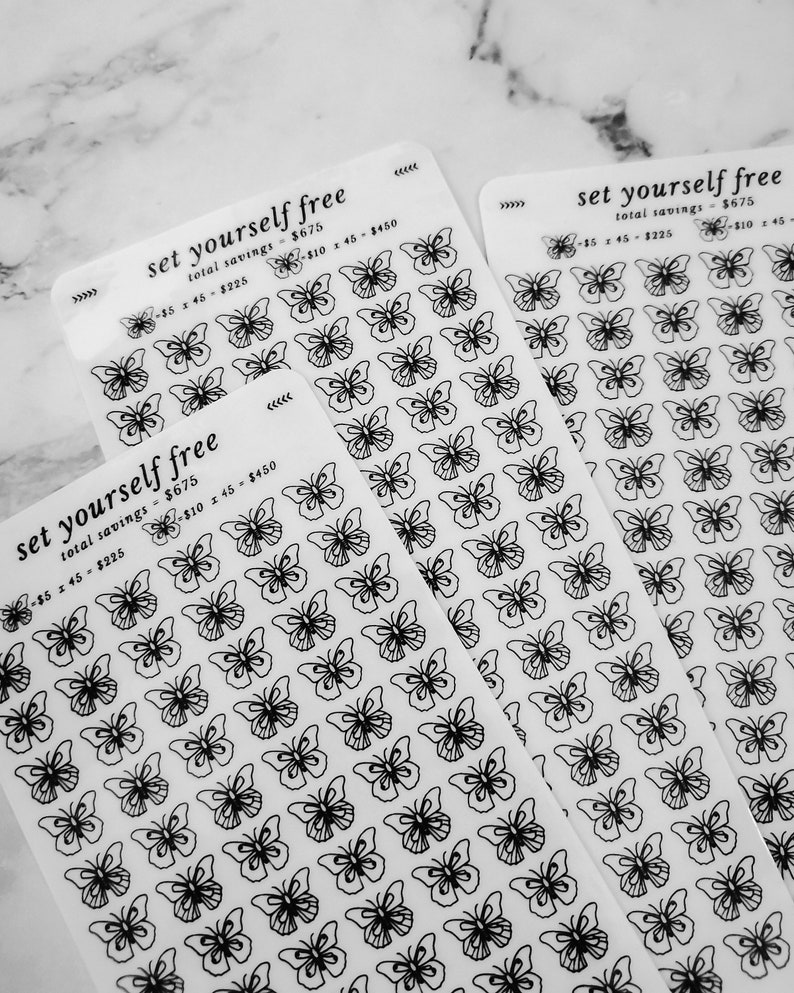 May include: Three sheets of clear sticker paper with black butterfly outlines. The text "set yourself free" is printed on each sheet, along with the total savings and a breakdown of the savings.
