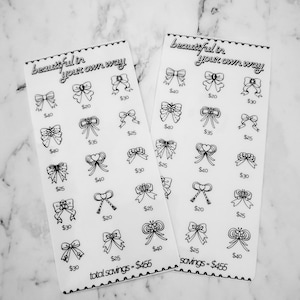 May include: Two white cards with black outlines and text that reads "beautiful in your own way". Each card has a grid of 12 black and white bow illustrations with prices listed below each bow. The text "total savings = £455" is at the bottom of the left card and "savings = £455" is at the bottom of the right card.