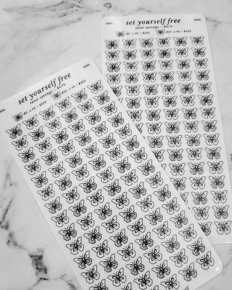 May include: Two sheets of clear sticker paper with black butterfly outlines. The text "set yourself free" is printed on each sheet, along with the total savings and the number of stickers per sheet.
