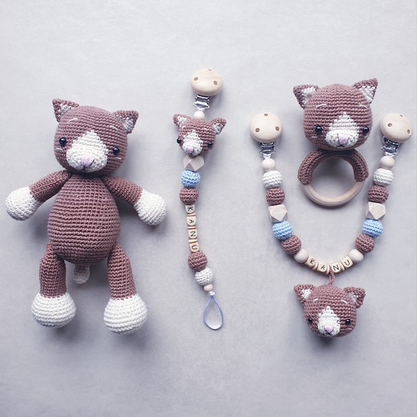 Katze, Schnullerkette, Kinderwagenkette, Katzenrassel, Katzenkuscheltier, Katze-Spieluhr Newbornset, Babygeschenke