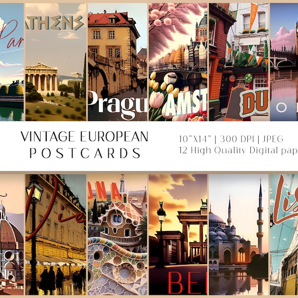 Vintage European Postcards digital print - 10"x14", 300 DPI, set of 12, instant download