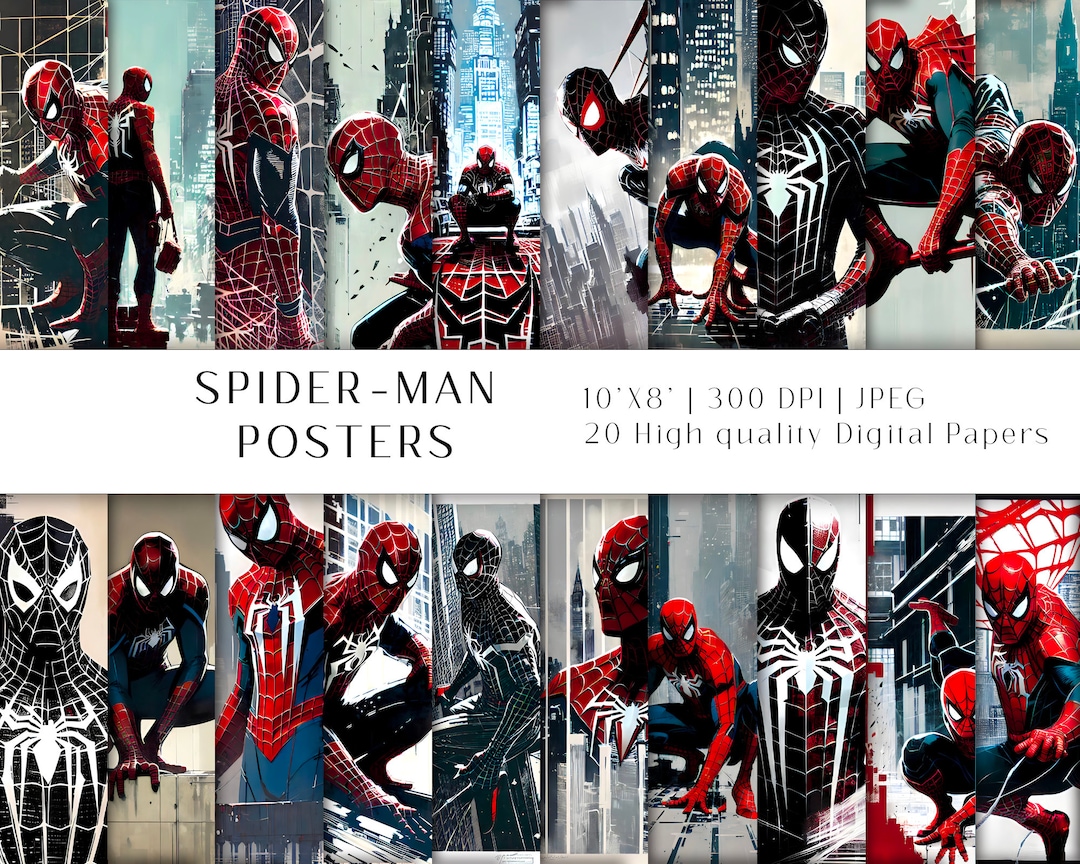 Spiderman Digital Posters Postcards Digital Paper 11x8, 300 DPI, Set of