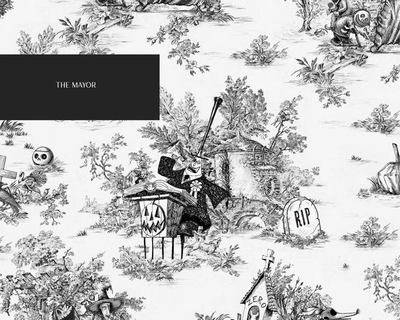 May include: Black and white illustration of a spooky Halloween scene with a mayor character standing on a platform with a pumpkin head. The scene is set in a graveyard with tombstones and trees. The text "THE MAYOR" is at the top of the image.