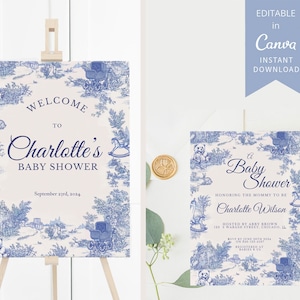 toile de jouy, invitation imprimable et signe de baby shower, baby shower toile de jouy, invitation modifiable, signe modifiable