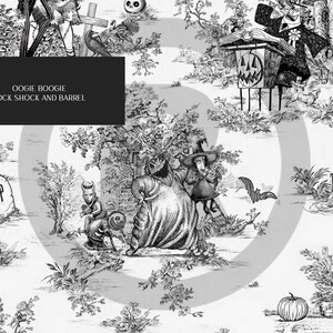 May include: Black and white illustration of characters from the movie "The Nightmare Before Christmas." The characters are Oogie Boogie, Lock, Shock, and Barrel. The illustration is set against a background of a traditional toile pattern.
