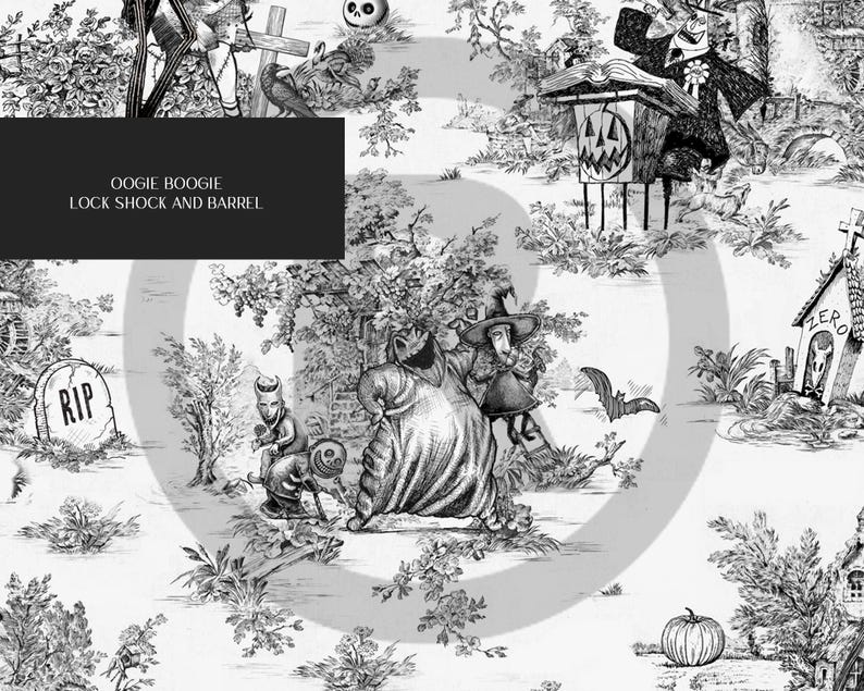 May include: Black and white illustration of characters from the movie "The Nightmare Before Christmas." The characters are Oogie Boogie, Lock, Shock, and Barrel. The illustration is set against a background of a traditional toile pattern.
