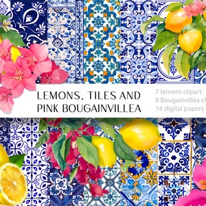 Blaue und weiße italienische Aquarell Fliese, Zitronen und Bougainvillea digitales Scrapbook Papier und Clipart, PNG, JPEG