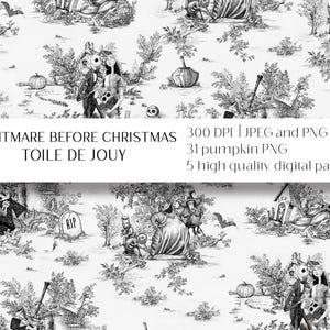 May include: Black and white digital paper featuring a toile de jouy pattern with characters from the movie Nightmare Before Christmas. The pattern includes pumpkins, trees, and houses. The text "Nightmare Before Christmas Toile de Jouy" is at the top of the image. The text "300 DPI | JPEG and PNG" is at the top right of the image. The text "31 pumpkin PNG" is below the first text. The text "5 high quality digital papers" is below the second text.