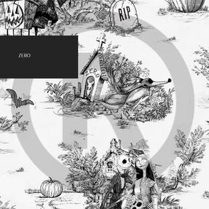 May include: Black and white illustration of a spooky Halloween scene with pumpkins, bats, a tombstone that says "RIP", and a dog house with the word "ZERO" on it.